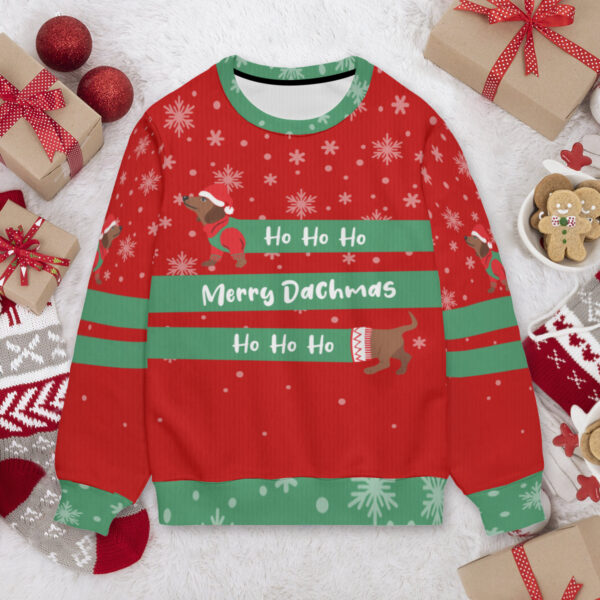 Ho Ho Ho Merry Dachmas Ugly Christmas Sweater - Red - Image 3